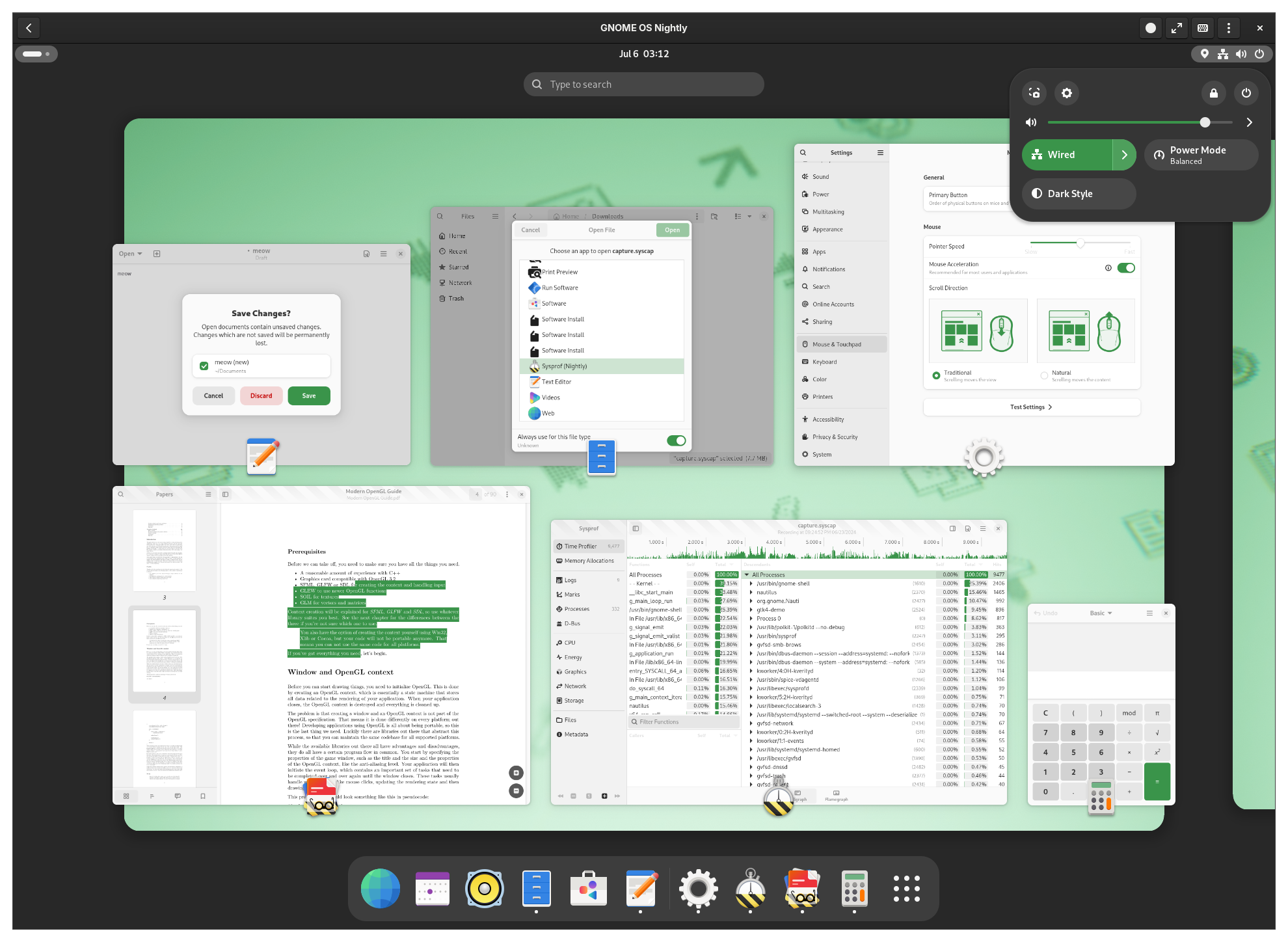 GNOME with green wallpaper and accent color. It shows:

- Text editor with save dialog open
- Nautilus with open as dialog open
- Settings showing mouse settings
- Papers with text selection
- Sysprof with a graph and a column view
- Calculator