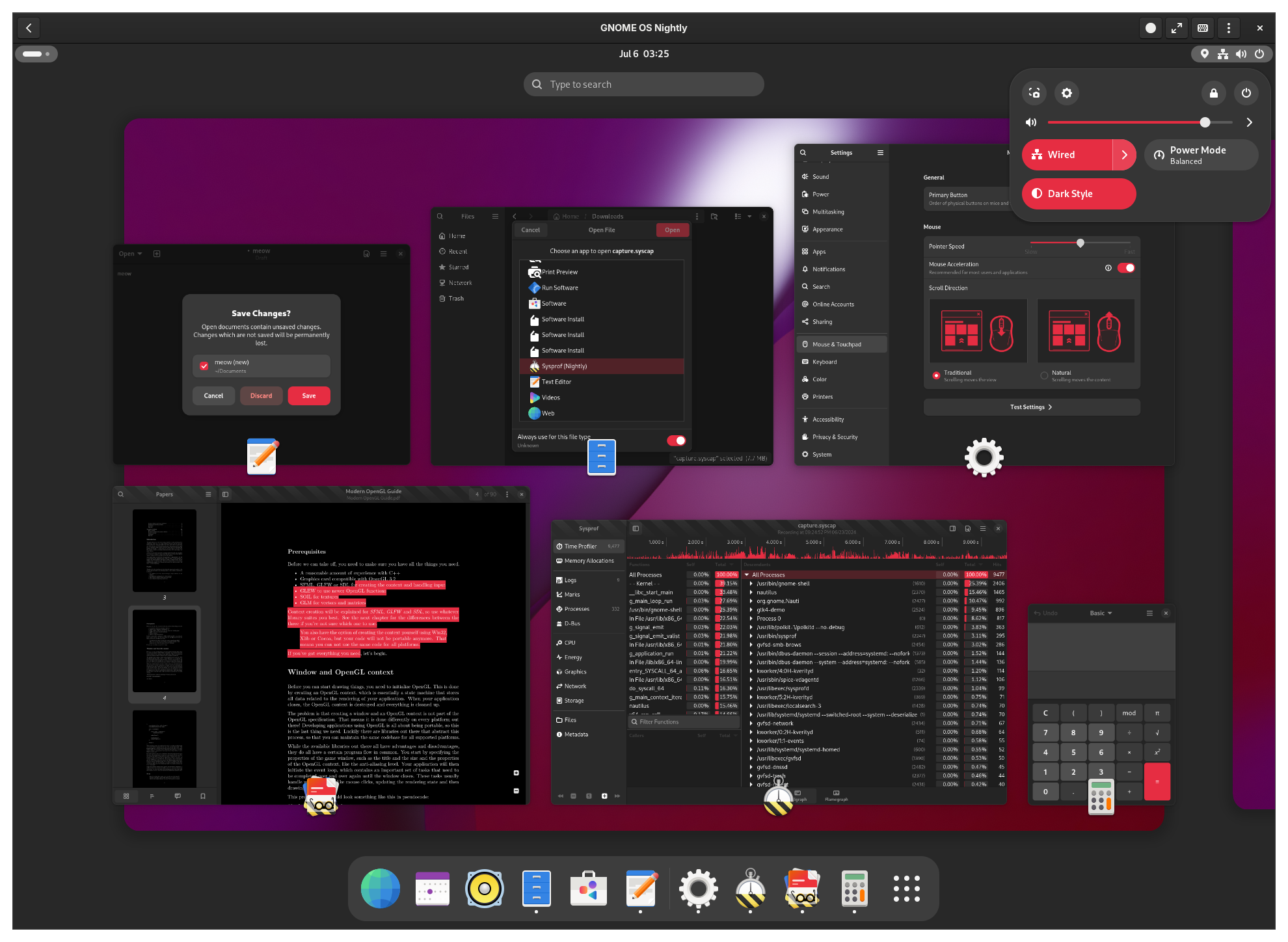 Same, but dark, with a dark red/purple wallpaper and red accent. Papers is in night mode