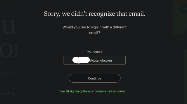 An error page for Medium.com which shows that a tutanota email is not allowed to be used