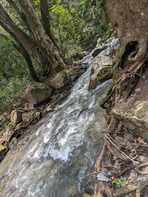 río abajo cerca de la cascada. Se ven los arbolitos y la vegetación del otro lado