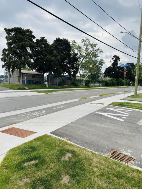 Street corner with a stop sign, bike lane, and crosswalk near a grassy area and large trees. Utility poles and power lines are visible, with cloudy skies overhead.