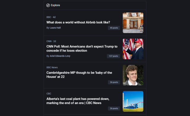 A screenshot from Mastodon's Explore page showing a list of articles with headlines, author names, and image thumbnails. Below the headlines are links that show the number of posts discussing each article.
