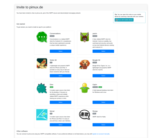 A screenshot of a registration page based on an invite code suggests 8 clients for XMPP.