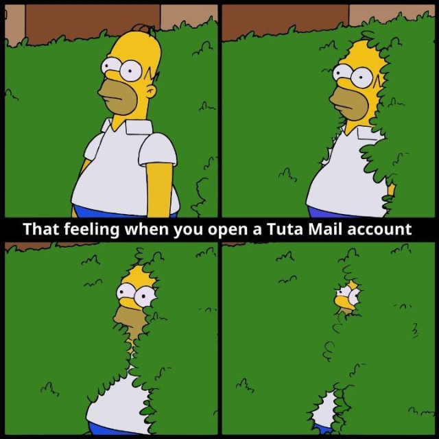 Homer Simpson disappearing into a bush with the text title 'That feeling when you open a Tuta Mail account' 