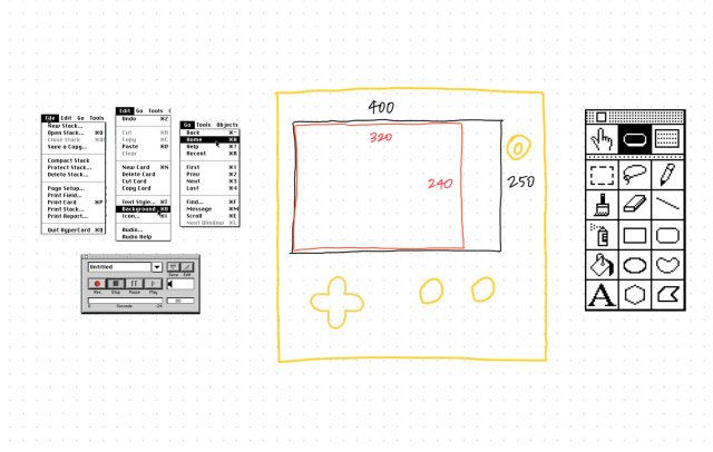 Freeform board with screenshots of the HyperCard File, Edit, and Go menus the left, the audio recorder below that, and the tool palette on the right. In the middle is a crude sketch of a PlayDate handheld annotated with various dimensions 