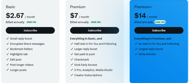 Screen cap showing paid subscription options on Xitter.