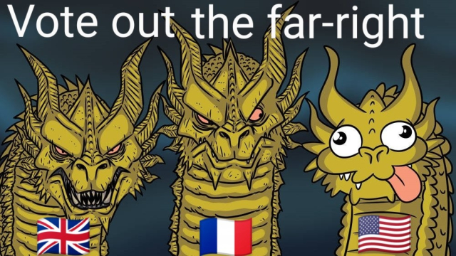 2 fierce dragons, and one silly one meme.

The caption above says, "Vote out the far-right."

The first fierce dragon has a UK flag on its chest.

The second fierce dragon has a French flag on its chest.

The silly one has a US flag on its chest.