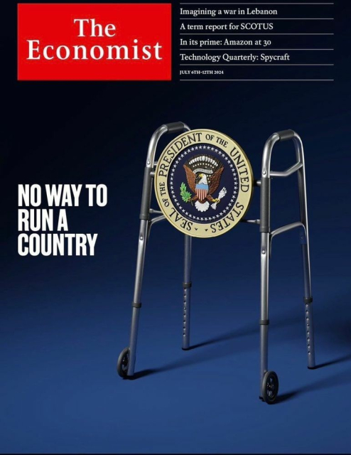 The Economists cover design, a mobility aid with the presidential seal on it and the headline no way to run a country.