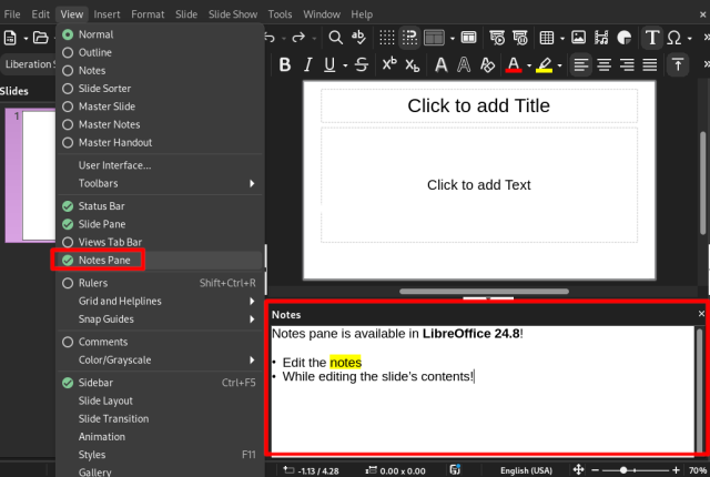 Screenshot of LibreOffice Impress Notes Pane