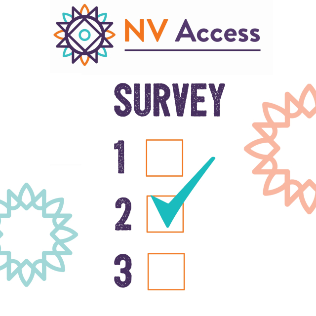 Mockup of a survey with the NV Access logo above, the word SURVEY followed by checkboxes numbered 1, 2 and 3 with a large tick in box #2.  There are several sunburst designs around the edge, all in the NV Access colours of purple, turquoise and orange.