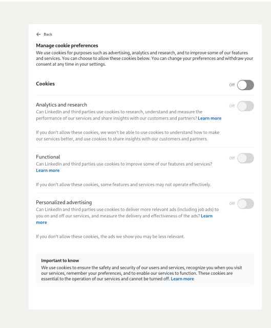 Screenshot of a complicated and verbose consent form for cookies.

This is shown in lieu of the page.