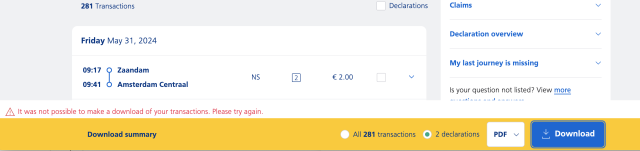 A screenshot of a website saying: "It was not possible to make a download of your transactions. Please try again."