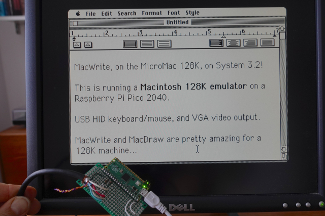 Screen showing MacWrite and the RPi Pico running it.