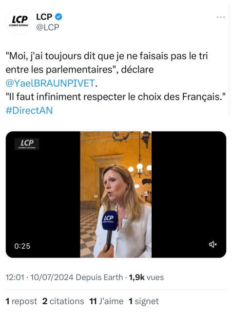 "Moi, j'ai toujours dit que je ne faisais pas le tri entre les parlementaires", déclare  Yael BRAUN PIVET