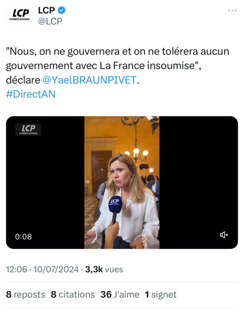 "Nous, on ne gouvernera et on ne tolérera aucun gouvernement avec La France insoumise", déclare Yael BRAUN PIVET