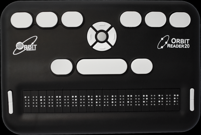 The image shows an Orbit Reader 20, a braille display device. It features a combination of white buttons and a black body. The device includes a series of braille cells along the bottom, a central navigation pad, and additional buttons for functionality. The "Orbit Research" logo and "Orbit Reader 20" text are visible on the upper right of the device.