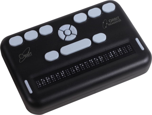 The image shows an angled view of an Orbit Reader 20, a braille display device. The device has a black body with white buttons and a central navigation pad. A series of braille cells are located at the bottom. The "Orbit Research" logo and "Orbit Reader 20" text are visible on the upper right of the device.