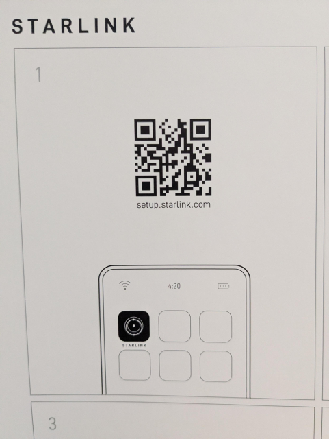 A portion of the Starlink setup instructions showing a QR code and a drawing of a smartphone with the Starlink app icon showing. The phone clock is showing 4:20 as the time.