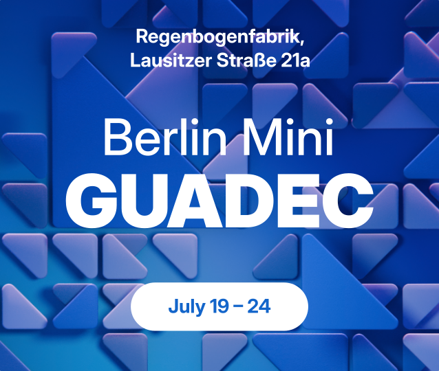 Sharepic with event information for Mini GUADEC on a GNOME wallpaper background.

Regenbogenfabrik, Lausitzerstraße 21a
Berlin Mini GUADEC
July 19-24