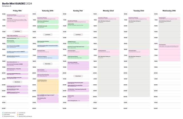 Schedule for Berlin Mini GUADEC, consisting of 6 columns, one per day (July 19-24). Each column is a vertical timeline, and events are laid out as colorful rectangles across it.