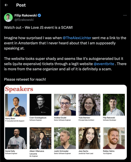 Screenshot of Filip Rakowski (@filrakowski) on twitter posting about the We Love JS event being a scam. 