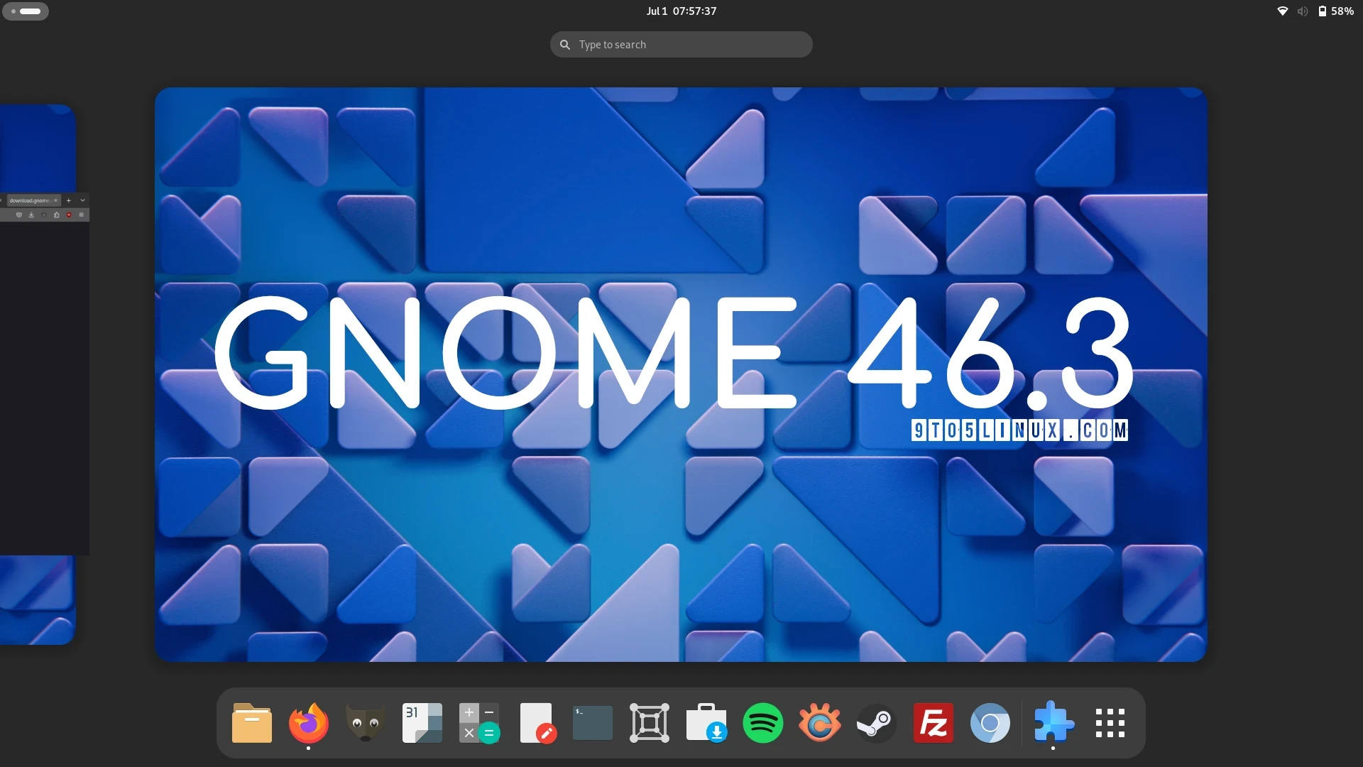 Screenshot of the GNOME desktop environment showing the Activities Overview.