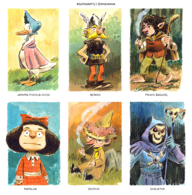 Six fanart illustrations: Jemima Puddle-Duck, Asterix, Frodo Baggins, Mafalda, Snufkin and Skeletor.