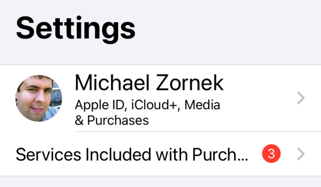 iOS Settings view, with "Services Included with Purchase" line item with 3 notification badge.