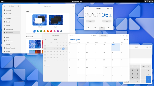 Screenshot of the GNOME desktop with the Settings, Calendar, Clock, and Calculator apps open