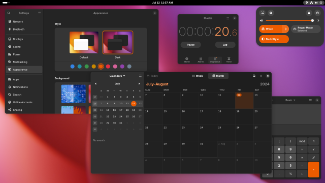 Screenshot of the GNOME desktop with the Settings, Calendar, Clock, and Calculator apps open, but with the dark style preference, orange accent color, and matching wallpaper