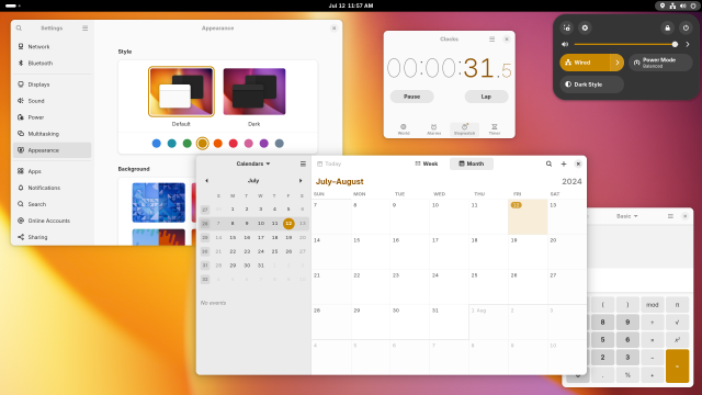Screenshot of the GNOME desktop with the Settings, Calendar, Clock, and Calculator apps open, but with the yellow accent color and a matching wallpaper