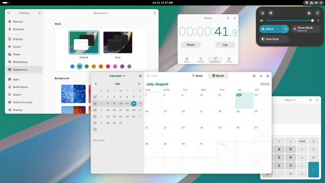 Screenshot of the GNOME desktop with the Settings, Calendar, Clock, and Calculator apps open, but with the teal accent color and a matching wallpaper