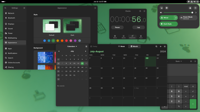 Screenshot of the GNOME desktop with the Settings, Calendar, Clock, and Calculator apps open, but with the dark style preference, green accent color, and matching wallpaper
