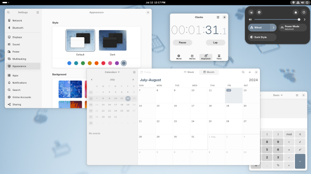 Screenshot of the GNOME desktop with the Settings, Calendar, Clock, and Calculator apps open, but with the slate accent color and a matching wallpaper