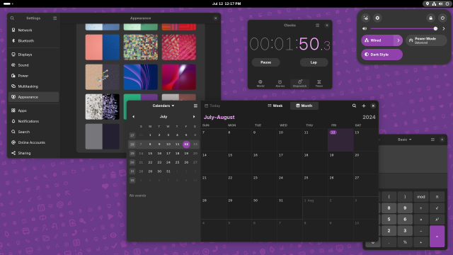 Screenshot of the GNOME desktop with the Settings, Calendar, Clock, and Calculator apps open, but with the dark style preference, purple accent color, and matching wallpaper