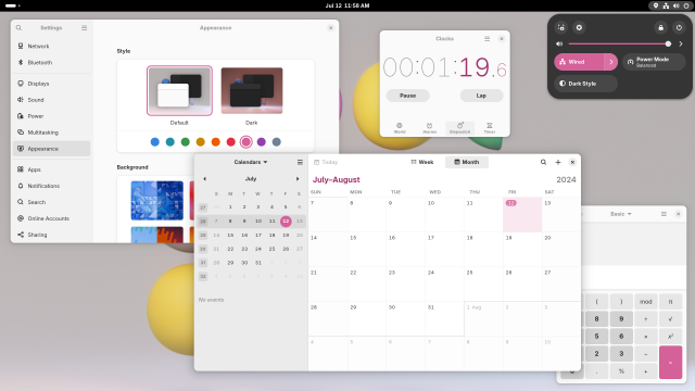 Screenshot of the GNOME desktop with the Settings, Calendar, Clock, and Calculator apps open, but with the pink accent color and a matching wallpaper