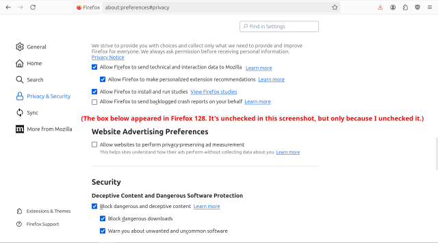 Screenshot of Firefox preferences dialog showing a checkbox titled "Allow websites to perform privacy-preserving ad measurement".