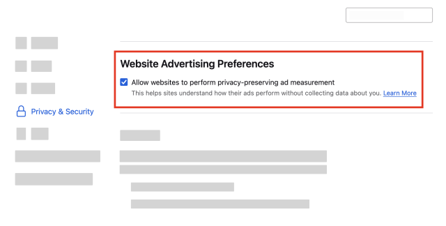 A screenshot from the Firefox "Privacy & Security" settings page showing "Website Advertising Preferences" with a checked-by-default option to "Allow websites to perform privacy-preserving ad measurement". The description beneath reads "This helps sites understand how their ads perform without collecting data about you" with a link to "Learn More" that I copied into the text of the toot.