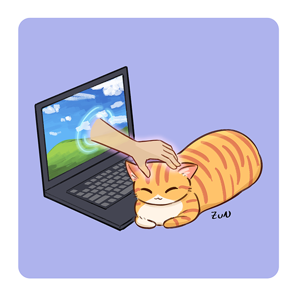 A drawing of a hand coming from a laptop's monitor is petting a ginger and white cat's head.