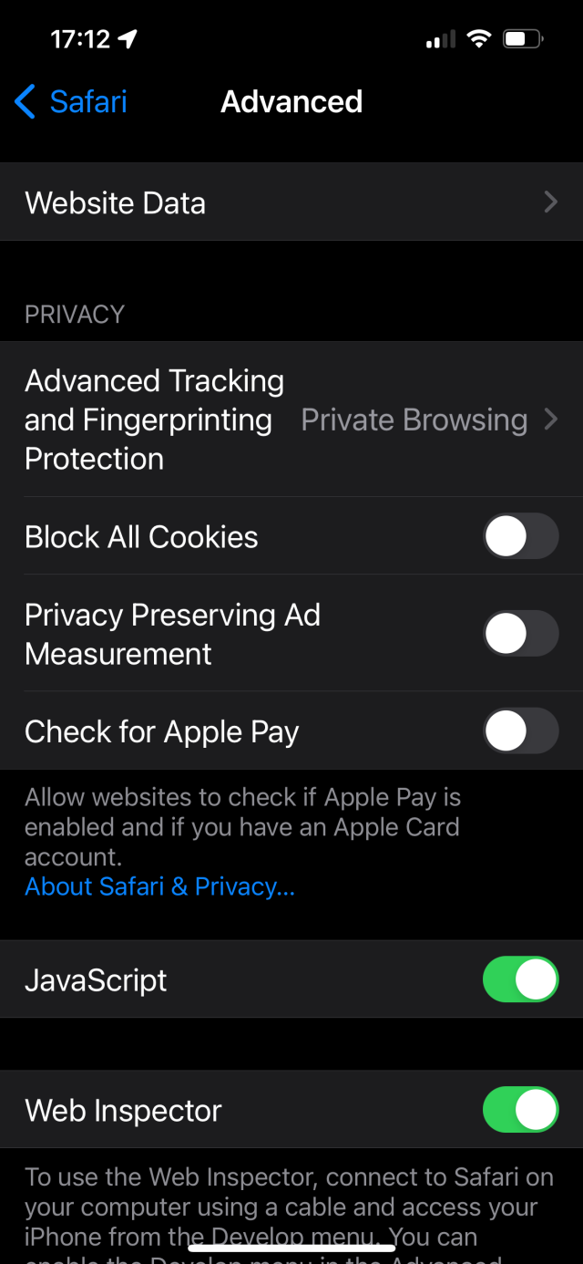 Safari setting showing the Privacy Preserving Ad Measurement. It is now unchecked. It was prior to this.