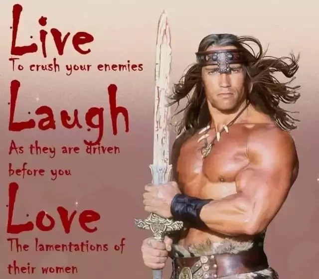 Live Laugh Love, only it's Conan the Barbarian's version. Live to crush your enemies. Laugh as they are driven before you. Love the lamentations of their women. 