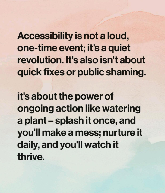 Accessibility is not a loud, one-time event; it's a quiet revolution. It's also isn't about quick fixes or public shaming. 

it's about the power of ongoing action like watering a plant – splash it once, and you'll make a mess; nurture it daily, and you'll watch it thrive.
