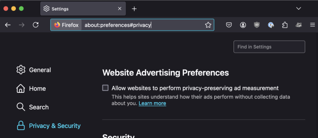 Firefox Preferences showing "Website Advertising Preferences".