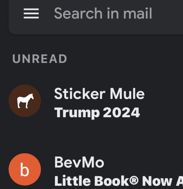 An email from Sticker Mule that says "Trump 2024"