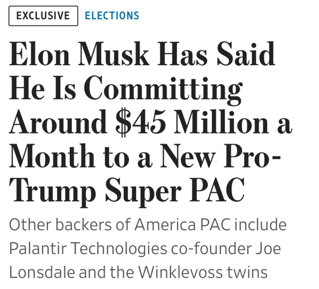 Text reads, "Elon Musk Has Said He Is Committing Around $45 Million a Month to a New Pro-Trump Super PAC. Other backers of America PAC include Palantir Technologies co-founder Joe Lonsdale and the Winklevoss