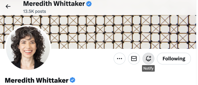 Twitter profile for Meredith Whittaker, showing blue checkmark