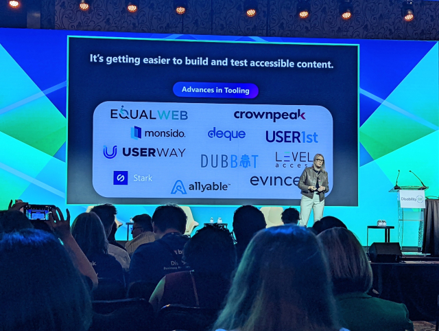 “It's getting easier to build and test accessible content. Advances in Tooling.” Then the slide displays logos from the following companies: EqualWeb, CrownPeak, Monsido, Deque, User1st, UserWay, DubBot, LevelAccess, Stark, Allyable, Evinced.