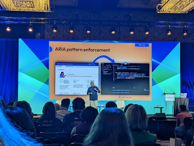 “ARIA Magic” slide: “ARIA pattern enforcement” with a screen shot of the ARIA Authoring Practices patterns page and an arrow drawn to an IDE with script to control a modal dialog, labeled “unit tester”.