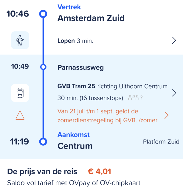 A screenshot of the journey planner showing price € 4,01 for a 30 minute long tram ride.