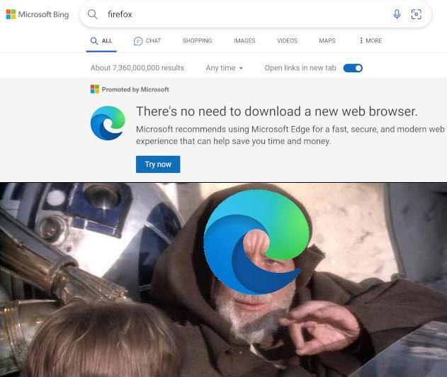 A search for firefox on Bing, showing a "there's no need to download a new web browser" result, below Obi Wan from the "these are not the droids you're looking for" scene has an Edge logo on his face